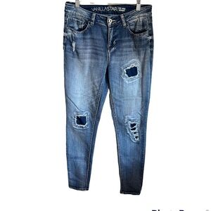 Vanilla Star Mid Rise Patched Distressed Skinny Denim Jeans